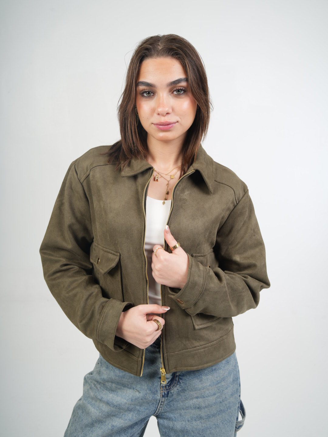 Suede Zip-Up Utility Jacket