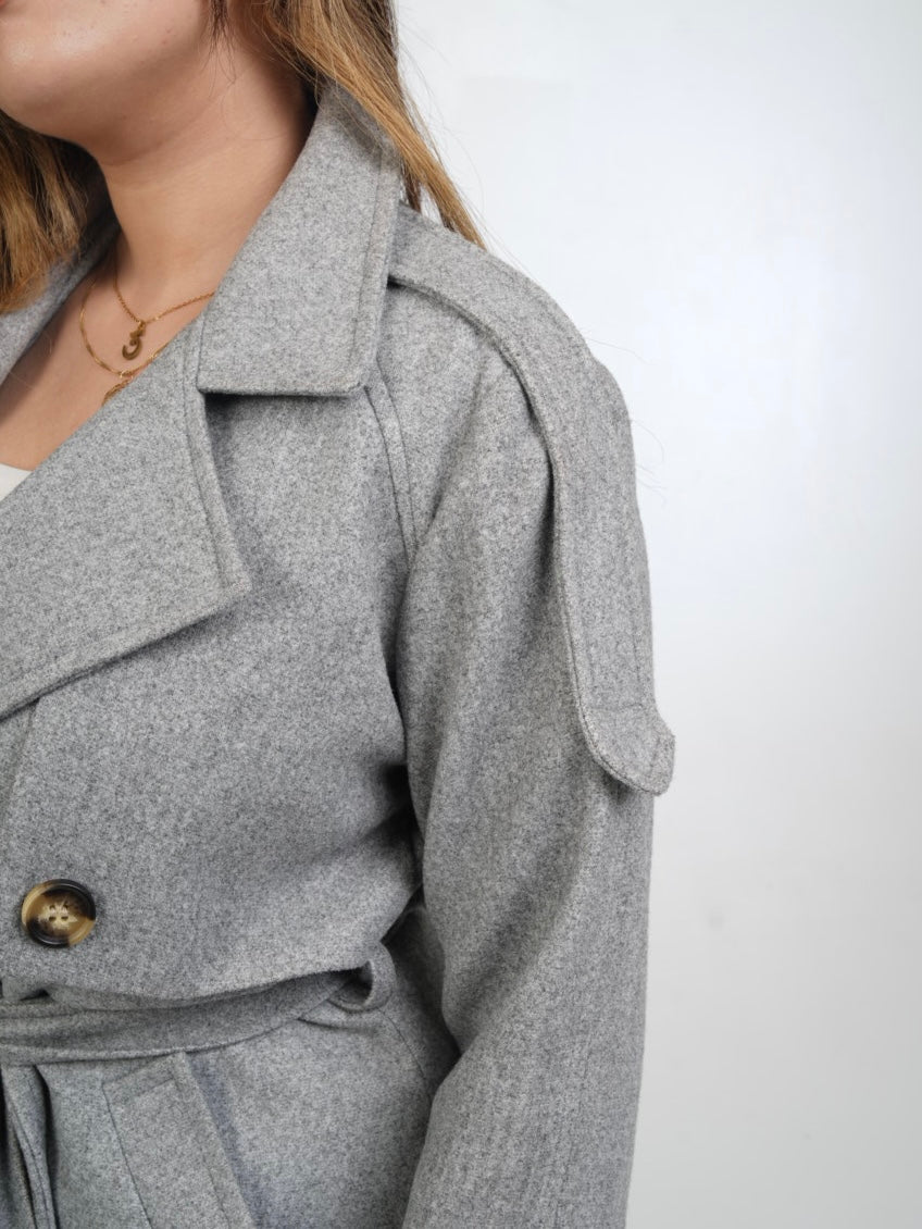 Light Grey Wool-Blend Wrap Coat